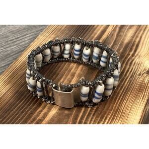 Vintage Tribal Sand Cast Beaded Ladder Woven Bracelet Silver Clasp Signed 8.25”